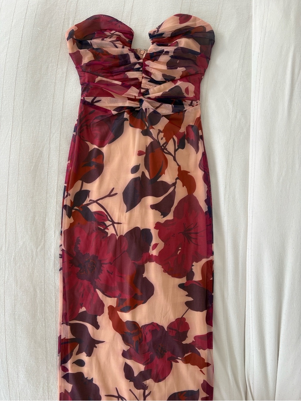 Strapless Floral Midi Dress in Blush and Burgundy Tones